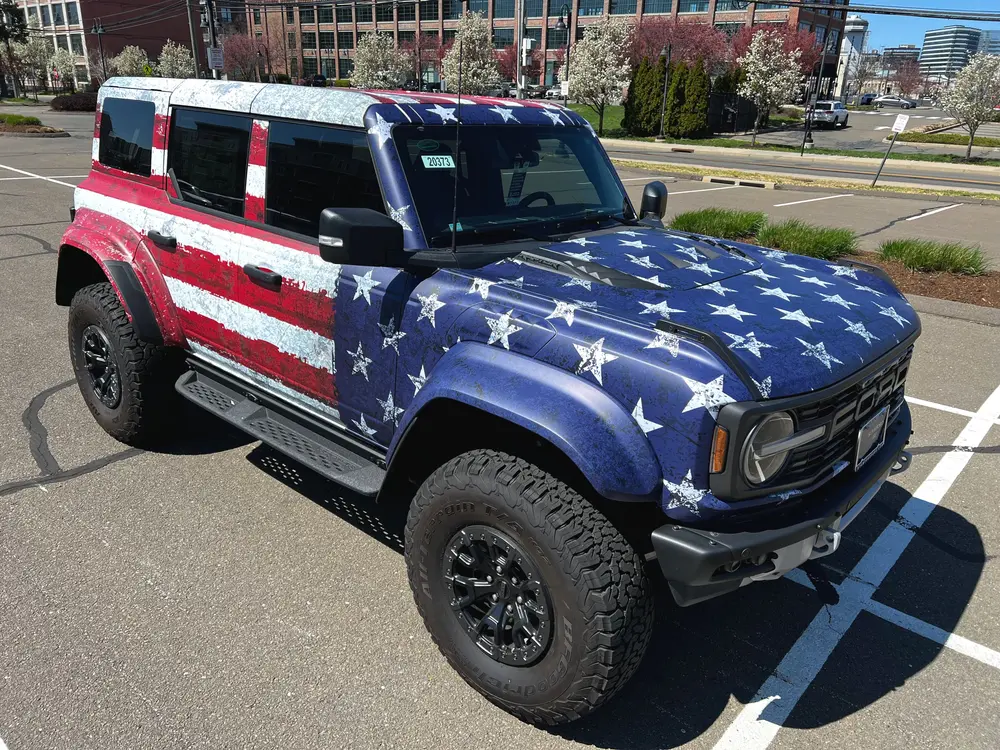 Ford Bronco in distressed American flag wrap